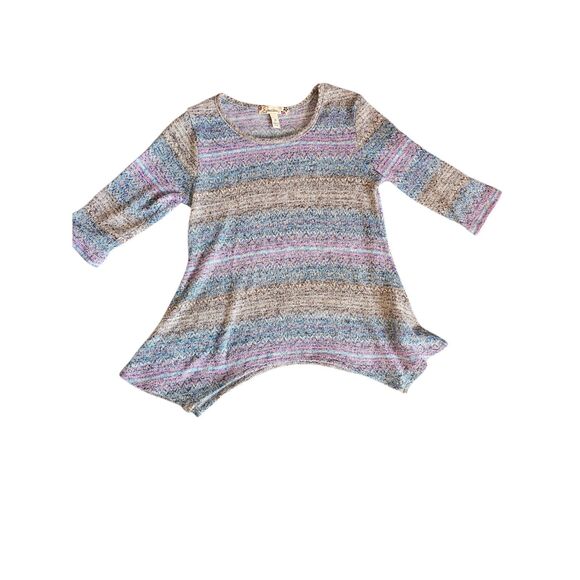 Multicolor Zigzag Stripe Asymmetrical Hem Scoop Neck, 3/4 Sleeve, Boho Chic Sm - Picture 1 of 4